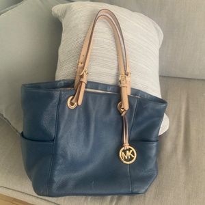 Blue leather tote